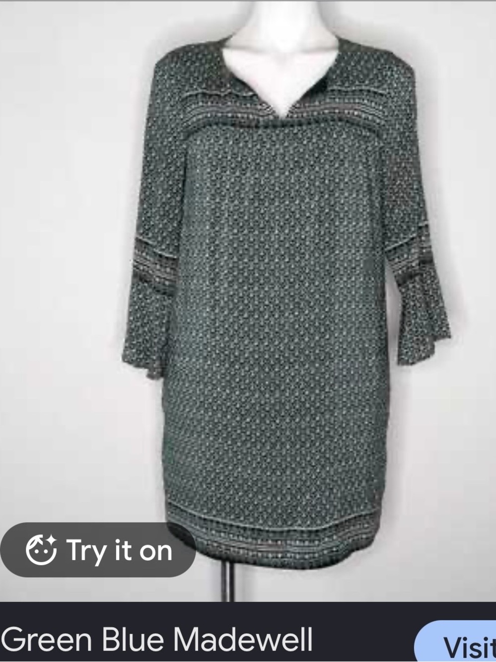 Madewell Teal-Patterned Long Sleeve Shift Dress